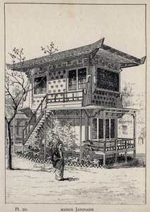 Japanskt hus (japanskt hus) - gravyr från 1889 i "History of human habitation at the Universal Exhibition of 1889, by Mr Charles GARNIER - Librairie centrale des beaux-arts Paris 1889 av Unknown artist