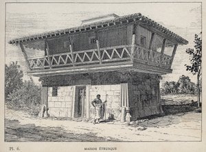 Maison etrusque (etruskiskt hus) - gravyr från 1889 i "History of human habitation at the Universal Exhibition of 1889, by Mr Charles GARNIER - Librairie centrale des beaux-arts Paris 1889 av Unknown artist