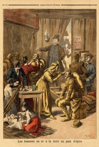 Makeup av skådespelare i en levande målning "" män i guld""" för pepparkaksmässan. Gravyr i "" Le petit journal"" 1894-04-16. Selvas samling. av Unknown artist
