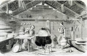Att göra Gruyère-ost i en schweizisk chalet, eller ostfabrik i Alperna - i "" Industrins underverk"" av Louis Figuier av Unknown artist