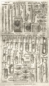 Tillverkning av Adolphe (Adolph) Sax, uppfinnare av saxofonen (1814-1894). Gravyr i "The Illustrious Universe" från 1867. av Unknown artist