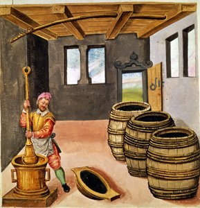 Tillverkning av svartkrut - i "Handbok för pyroteknik, vapenhus och befästningar" "på 1500-talet. av Unknown artist