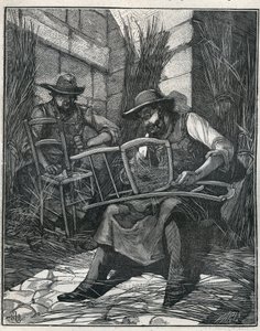 Tillverkning av stolar: mulching och caning av stolar. Gravyr från 1885 i "" Les arts et metiers illustres"" av Adolphe BITARD. av Unknown artist