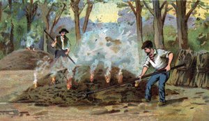 Tillverkning av träkol, förbränningsugn. Kromolitografi från slutet av 1800-talet av Unknown artist
