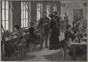 Tillverkning av metallfjädrar: slipverkstad i Frankrike på 1800-talet. Gravyr från 1885 i "" Les arts et metiers illustres"" av Adolphe BITARD. av Unknown artist