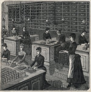 Tillverkning av metallfjädrar: sortering och omslag av fjädrar i en fabrik i Frankrike på 1800-talet. Gravyr från 1885 i "" Les arts et metiers illustres"" av Adolphe BITARD. av Unknown artist