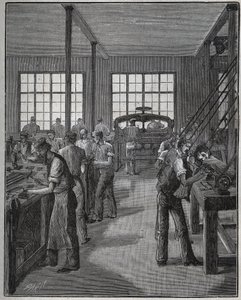 Tillverkning av pennhållare (pennhållare) och pennhållare (pennhållare). Gravyr från 1885 i "" Les arts et metiers illustres"" av Adolphe BITARD. av Unknown artist