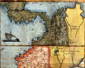 Karta över Centralamerika på 1500-talet: ovanför den visar regionerna Peru, Amazonas och Bogota (Panama, Colombia och Venezuela). av Unknown artist