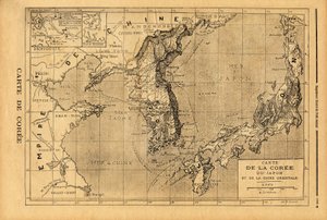 Karta över Korea, Japan och östra Kina. Gravyr i "" Le petit journal"" 1894-09-03. Selvas samling. av Unknown artist
