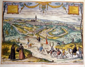 Karta över staden Sevilla 1590. Längst ner till höger på bilden gör byborna narr av en hane på sin åsna. av Unknown artist