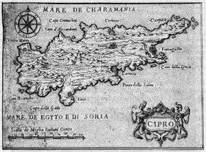 Karta över ön Cypern (cypern) 1587 i "" Jerusalems mest hängivna resa ". av Unknown artist