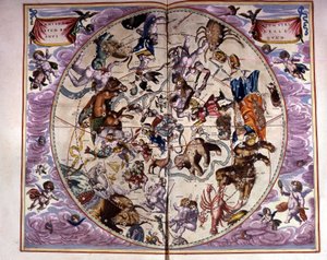 Karta över himlen och zodiakens tecken - faksimil av en uråldrig komposition som representerar konstellationerna på den norra himlen, enligt "Harmonia Macrocosmica" av André Cellarius av Unknown artist