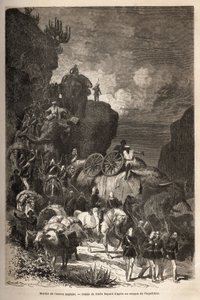 Marsch av den engelska armén mot Dalanta-platån, efter kejsar Theodoros trupper (cirka 1818-1868), med elefanter för transport av artilleripjäser. Gravyr för att illustrera berättelsen "" les captifs de Theodoros"", av doktor Henry Blanc av Unknown artist