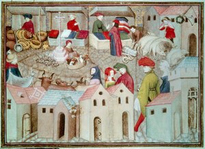 Marche de Champeaux i Paris Betail- och fjäderfähandlare, draperier. Miniatyr hämtad från "The Wandering Knight" av Thomas de Saluces (Tommaso III di Saluzzo), cirka 1403-1404. Paris, B.N. av Unknown artist