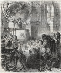 Marie de Rabutin-Chantal (Rabutin Chantal), markisin av Sevigne känd som Madame de Sevigne (1626-1696), lyssna på Louis Bourdaloue (1632-1704) fransman i jesvitkyrkan, Saint-Louis i Paris - gravyr från 1866 av Unknown artist