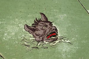 Marint monster med huvudet av demon. detalj av en karta över Urbano Montes atlas av Unknown artist