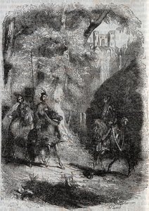 Marphise (Marfisa) and the Old Woman Meet Pinabel (Pinabello) - gravyr från 1851 från "" Furious Roland"" (1500-talet) av Ludovico Ariosto, känd som Ariosta - Upplaga översatt från italienska av greven av Tressan och publicerad av av Unknown artist