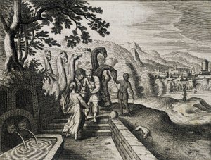 Isak och Rebeccas äktenskap. Gravyr från en 1600-talsbibel. av Unknown artist