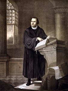 Martin Luther (1483 - 1546) läser i en kyrka. av Unknown artist