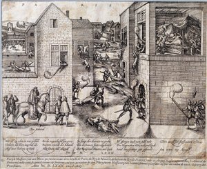 Massaker av Saint Barthelemy (Saint Barthelemy) i Paris natten till den 24 augusti 1572. Gravyr från 1500-talet. Pau, Musée du Chateau av Unknown artist