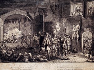 Massaker av Saint Barthelemy (Saint Barthelemy) i Paris natten till den 24 augusti 1572. Gravyr från 1500-talet. Pau, Musée du Chateau av Unknown artist
