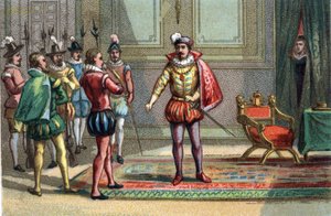 Massaker av Saint Barthelemy, hertigen av Conde och Henrik av Navarra fördes till Karl IX, kung av Frankrike (1550-1574), som erbjöd dem valet mellan mässa och död. Catherine de Medicis (Caterina de Medici) (1519-1589) observerar scenen. Chrom av Unknown artist