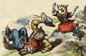Mästerräven leker med Little Goat. Illustration av berättelsen "Bon medor och lilla Chevrette". I "" Sagor från hemmet för de minsta"". Anonym gravyr från 1800-talet. av Unknown artist