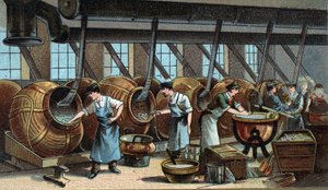 Mekanisk tillverkning av dragéer. Kromolitografi från slutet av 1800-talet av Unknown artist
