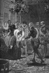 Möte mellan Maris de Medicis och Henrik IV (1601): Maria av Medicis (1573 -1642) böjer sig för sin man, kungen av Frankrike Henrik IV (1553-1610). Gravyr av 1800-talet. I "Histoire de France" av Jules Michelet av Unknown artist