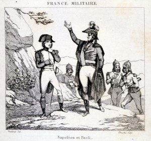 Möte av Napoleon Bonaparte och Pasquale eller Pascal Paoli (1725 - 1807), Patriote Corsica. Gravyr av 1800-talet. av Unknown artist