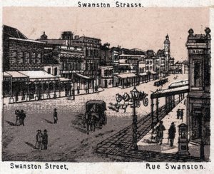 Melbourne, Australien: utsikt över Swanston Street. i "" Världen illustrerar 168 vyer"" Odaterat (slutet av 1800-talet) av Unknown artist