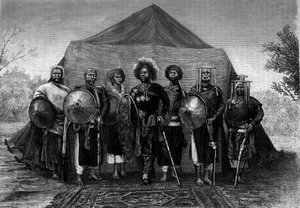 Menelik II (1844-1913), kung av Etiopien, omringar sina arméchefer. Gravyr i "" Le Journal de la jeunesse"" av Unknown artist
