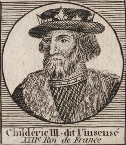 Merovingerdynastin: Porträtt av Childeric III (714-755) Frankernas kung - CHILDERIC III (d. 754) Frankernas kung, 741-751, och den sista av merovingerna - gravyr från "" Instruction sur l