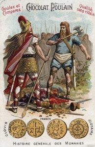 Merovingiens: Clovis 1:a sköt ner soldaten som hade krossat Soissons fartyg, år 486. In General History of Coins. Choklad-fölkromolitografi från slutet av 1800-talet. Privat samling. av Unknown artist