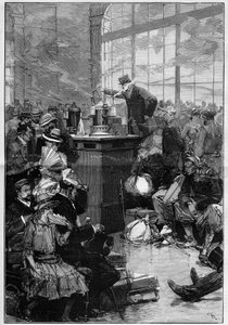 Åtgärder vidtagna mot den utbredda koleraepidemin i Toulon: desinfektionsrummet på Gare de Lyon, Paris. Gravyr i ""The Illustrious World"" av Unknown artist
