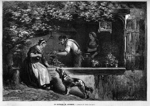 Metier och hantverkare: en bestickare i Auvergne. Gravyr i "" Le Monde illustrious"" 1883. Privat samling. av Unknown artist