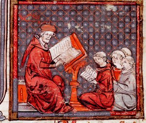 Medeltiden: "" En klass av filosofi, läraren och hans elever""" Miniatyr hämtad från "" Grandes Chronicles de France"" 1375-1379 kommunala bibliotek, Castres av Unknown artist