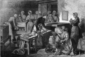 Barnmorska (barnmorska), sjuksköterskor och kuvöser: Utrustningen på mödravårdssjukhuset för att bevara livet för barn som är födda före termin i Paris. Gravyr i "" Le Monde Illustré"" av Unknown artist