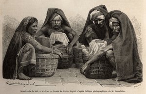Mjölkhandlare, på gatorna i Madras (dagens Chennai, Tamil Nadu). Gravyr för att illustrera resan i Indiens meridionalprovinser, av Alfred Grandidier, 1862-1864, publicerad i "" le tour du monde", under ledning av D