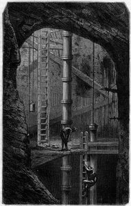 Gruvarbetare inne i en plåtgruva i Cornwall, England. Gravyr i journalen "" La jeunesse"" av Unknown artist