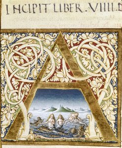 Miniatyr som representerar sirener. Bokstaven "" A"" - i "" Naturalis Historiae"" av Plinius den äldre (23 - 79), red. 1480.Victoria & Albert bibliotek av Unknown artist