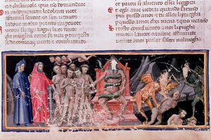 Minos dömer överträdelserna och skickar själarna (sång 5 av Helvetet, i den gudomliga komedin) - miniatyr av Unknown artist