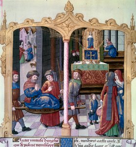 Mirakel från Saint Louis: Kung Ludvig IX (1214-1270) kämpade mot en förlamad. Miniatyr från ett manuskript "The Book of Facts Monsignor Saint Louis"" 1400-talet. Paris, B.N av Unknown artist
