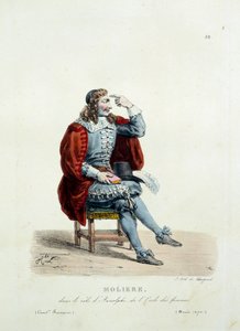 Molieres kostym i rollen som Arnolphe i stycket "Kvinnornas skola"" 1670. Kostym av fransk komedi av Hippolyte Lecomte (1781-1857). Gravyr av 1800-talet. Coll. Nu går vi. av Unknown artist