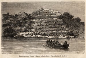 Monkey Mountain, längs Senegalfloden, strax efter Gouinafallen (Mali). Gravyr för att illustrera historien om löjtnant Mages resa i västra Sudan mellan 1863 och 1866, publicerad i "Le tour du monde, nouveau journal des voyages"" under d av Unknown artist