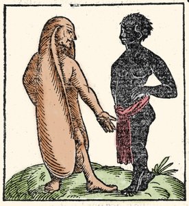 Monstruösa varelser: två afrikanska män, en av dem med långa öron för att skydda sig mot solen och kylan. När en situation skrämmer dem låter deras öron dem flyga iväg. Symboliskt låter de dem lyssna bättre till Guds ord. Xylogr av Unknown artist