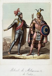 Montezuma II, aztekernas kung, och Hernan (eller Hernando) Cortes eller Fernand Cortez (1485-1547), spansk conquistador - i "" Den gamla och moderna kostymen"" av Ferrario, red. Milano av Unknown artist