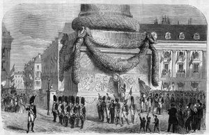 Nationalfestens morgon den 15 augusti 1864 vid foten av kolonnen på Place Vendome i Paris. Gravyr i "The Illustrious Universe" av Unknown artist