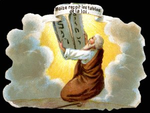 Moses tar emot lagens tabeller (10 budord) - Chromo. av Unknown artist