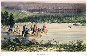 Mosquito Lake i Kanada: Indianer kanot över sjön med myggnät på huvudet - i "Exploration of the Labrador Peninsula" av Hind, London av Unknown artist